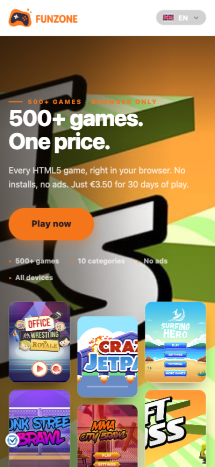 Mobile landing page built for the Funzone games subscription